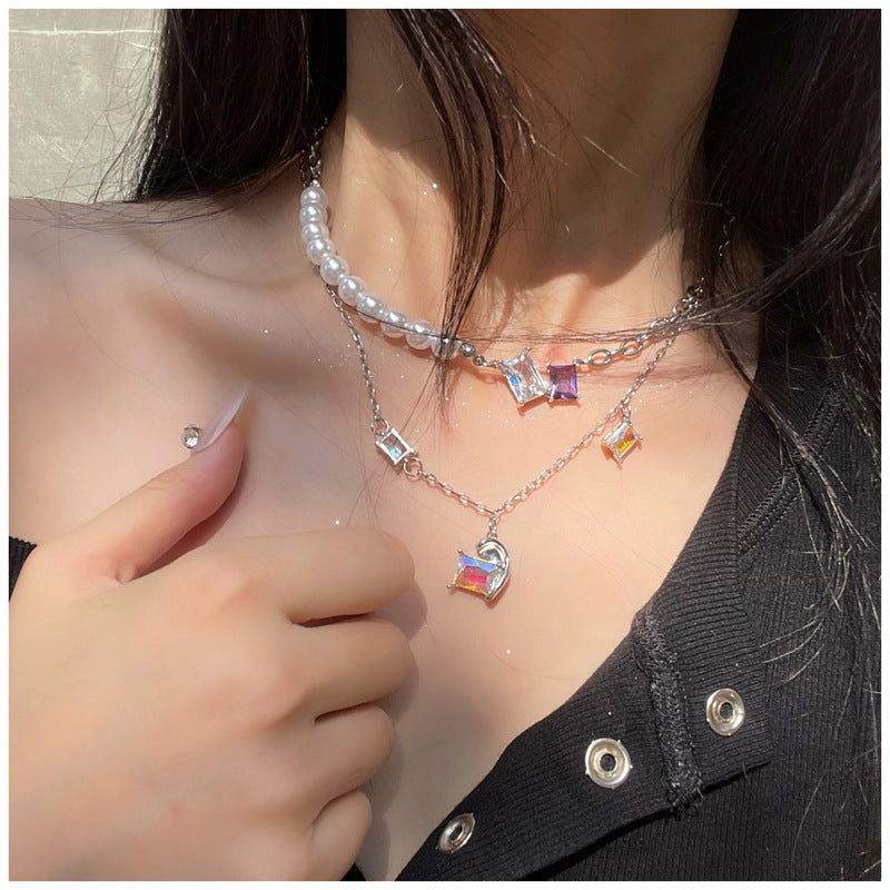 Collier fantaisie style Y2K avec perles, 2 colliers, cristal coloré