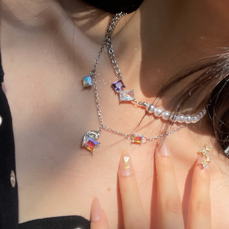 Collier fantaisie style Y2K avec perles, 2 colliers, cristal coloré